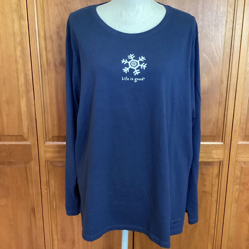 Life Is Good Tshirt Womens XXL Vintage Long Sleeve Blue Snowflake Winter